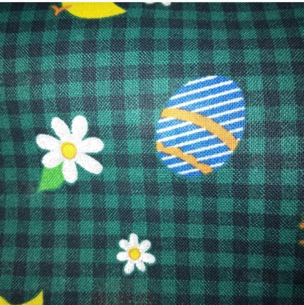 FABRIC 100% cotton Easter eggs chicks and daisies on green & black Gingham 5yds